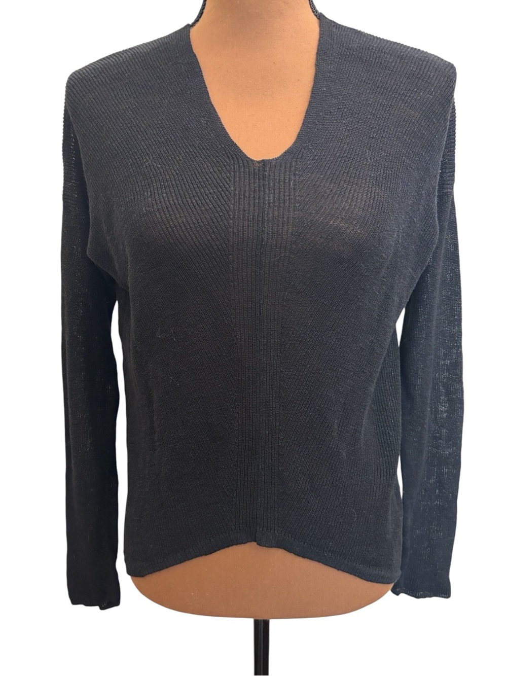 Eileen Fisher Black Long Sleeve Organic Linen V Neck Sweater Size XXS